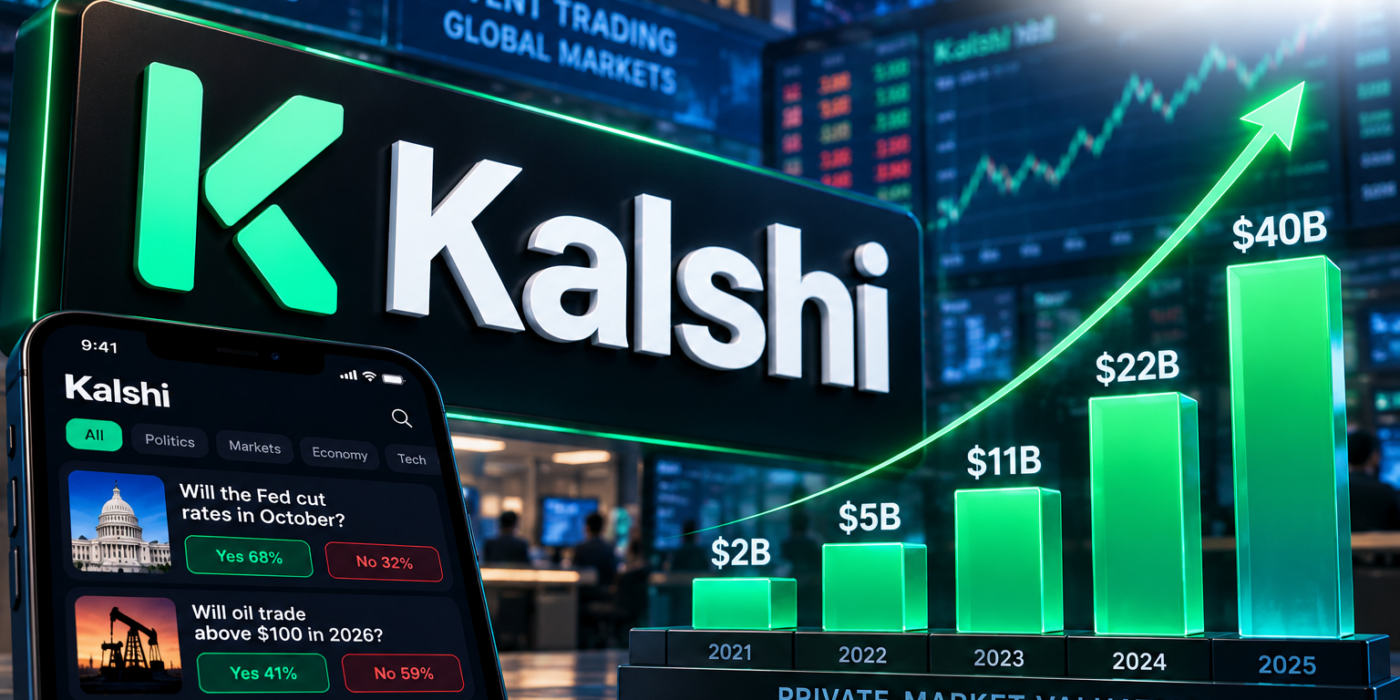 Kalshi logo beside chart showing its private valuation growth.
