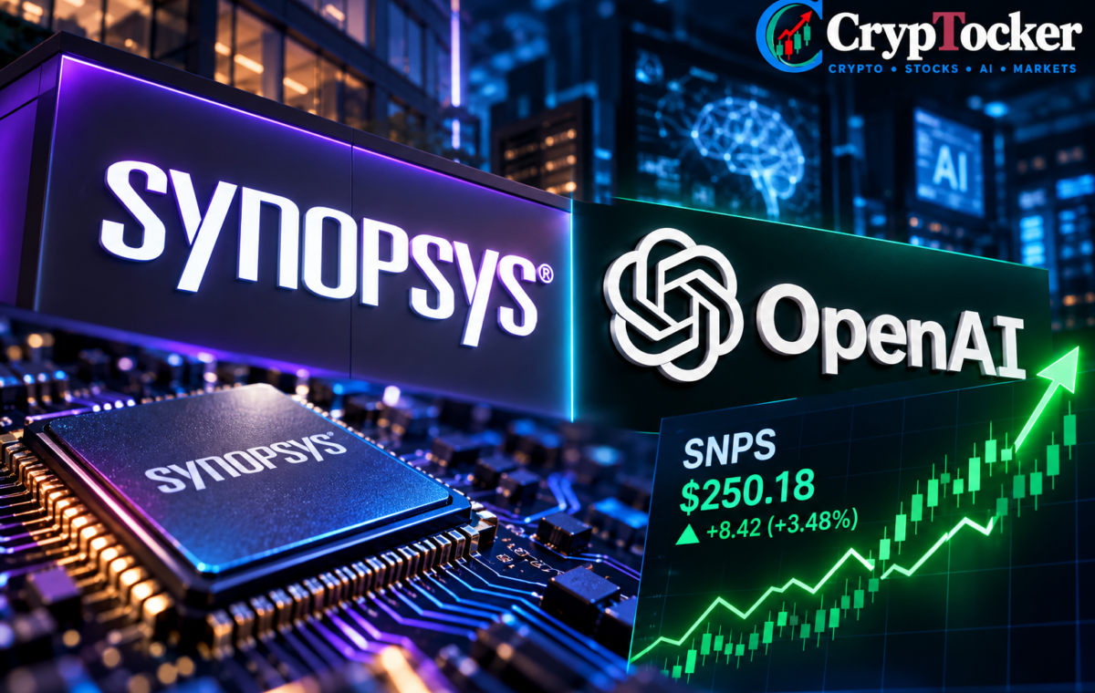 Synopsys and OpenAI logos beside semiconductor chip and SNPS stock chart.