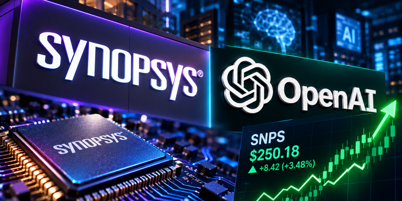 Synopsys and OpenAI logos beside semiconductor chip and SNPS stock chart.
