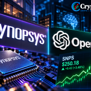 Synopsys and OpenAI logos beside semiconductor chip and SNPS stock chart.